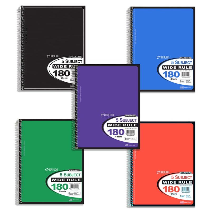 Top Flight Standards 5-Subject Wirebound Notebook, 180 Sheets, 3-Hole Punched, Wide Rule, 10.5 x 8 Inches, 1 Notebook, Color May Vary (31414) - Image 3
